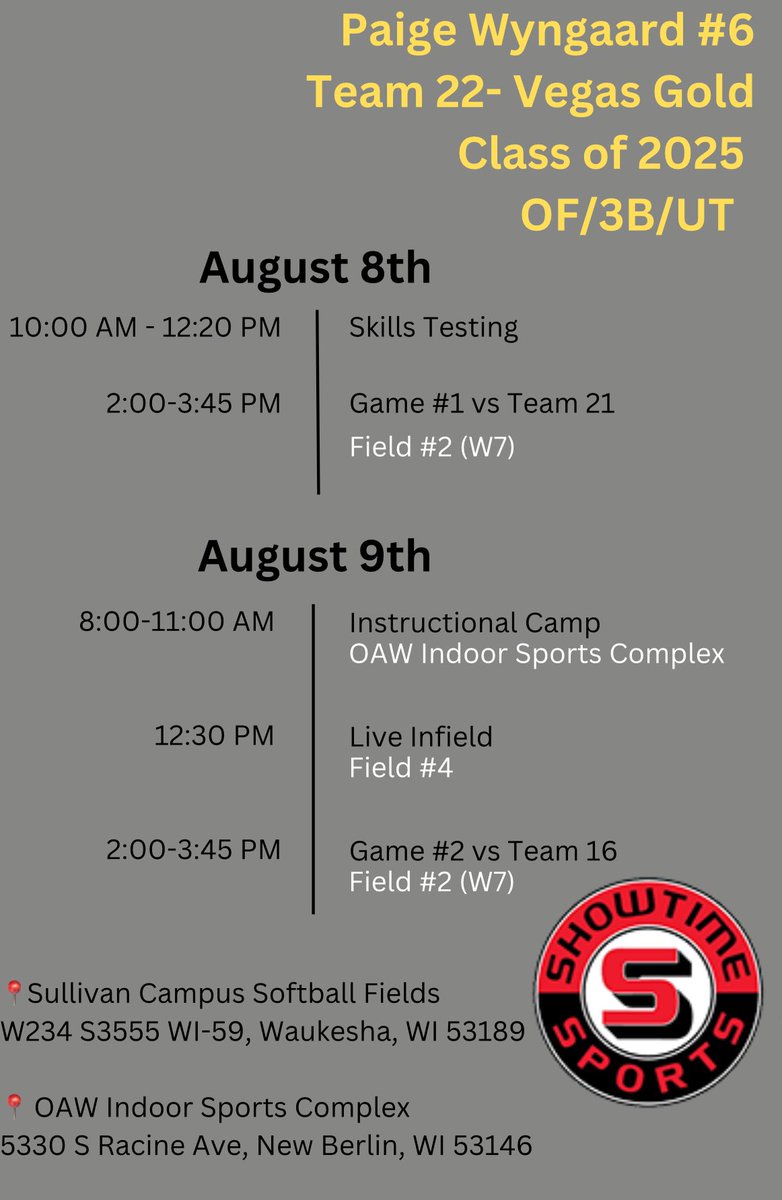 Paige Wyngaard 2025 (@paigewyngaard) on Twitter photo So excited for the Showtime Sports Midwest Showcase <a href="/ShowtimeSports1/">Showtime Sports</a> & <a href="/ProductionsW7/">W7 Productions</a> ! I will be on Team 22 (Vegas Gold) wearing jersey number 6. So excited to for this opportunity!! <a href="/ISA_Softball/">ISA Softball</a> <a href="/UWOSoftball1/">UW-Oshkosh Softball</a> <a href="/CSPBearsSB/">Golden Bear Softball</a> <a href="/AliNowak4/">Ali Nowak</a> <a href="/CoachGregJones1/">Greg Jones</a> <a href="/mavsbcoach/">Lori Meyer</a> <a href="/MinnStSoftball/">MSU Softball</a> So excited for the Showtime Sports Midwest Showcase <a href="/ShowtimeSports1/">Showtime Sports</a> & <a href="/ProductionsW7/">W7 Productions</a> ! I will be on Team 22 (Vegas Gold) wearing jersey number 6. So excited to for this opportunity!! <a href="/ISA_Softball/">ISA Softball</a> <a href="/UWOSoftball1/">UW-Oshkosh Softball</a> <a href="/CSPBearsSB/">Golden Bear Softball</a> <a href="/AliNowak4/">Ali Nowak</a> <a href="/CoachGregJones1/">Greg Jones</a> <a href="/mavsbcoach/">Lori Meyer</a> <a href="/MinnStSoftball/">MSU Softball</a>