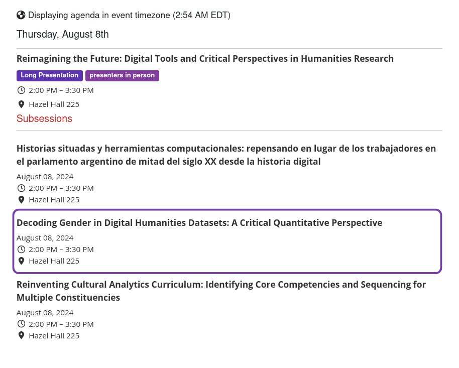 Glad to be part of #DH2024 this year, at least from afar!

Tomorrow @ 2 pm (EDT), Lisa Poggel, Viktor J. Illmer &amp; Aleksandr Lange present the results of a quantitative content analysis of #GenderData in DH projects, they conducted with Zeynep Ecem Pulaş &amp; myself #FeministDH #DH