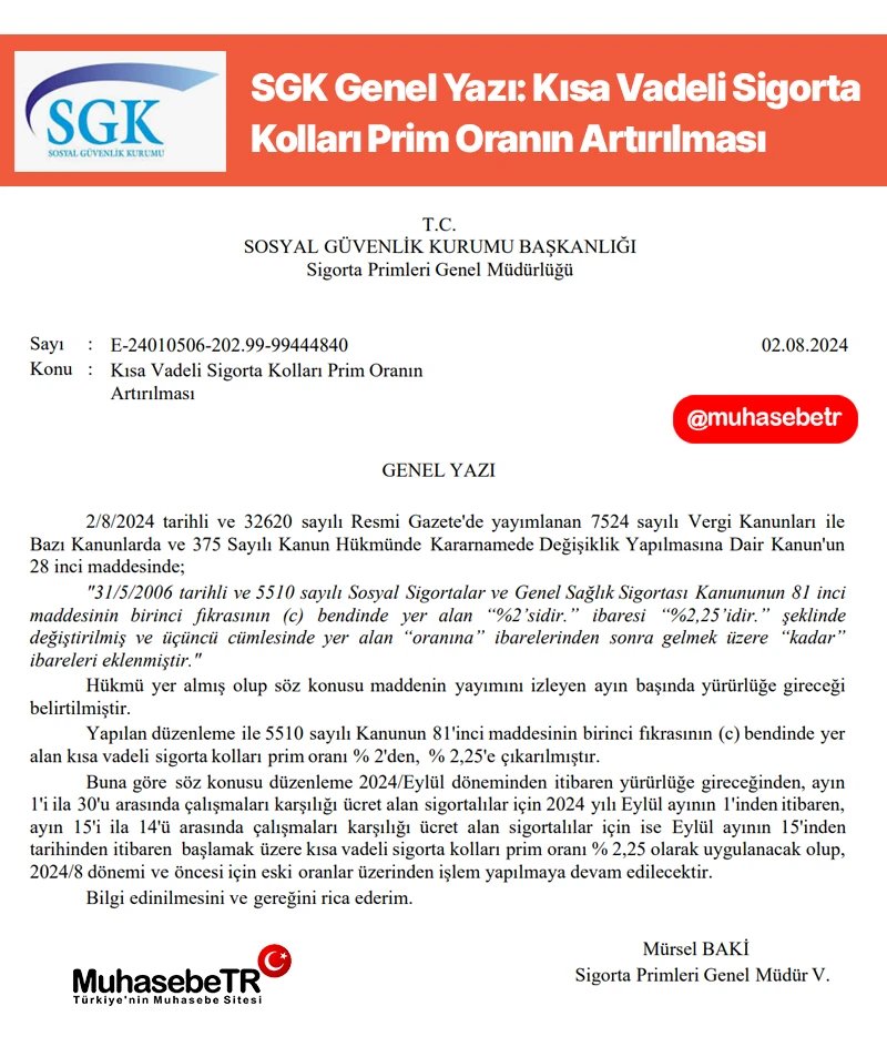 muhasebetrcom's tweet photo. SGK Genel Yazı: Kısa Vadeli Sigorta Kolları Prim Oranın Artırılması
https://t.co/II0LlyFova https://t.co/JXao55274G