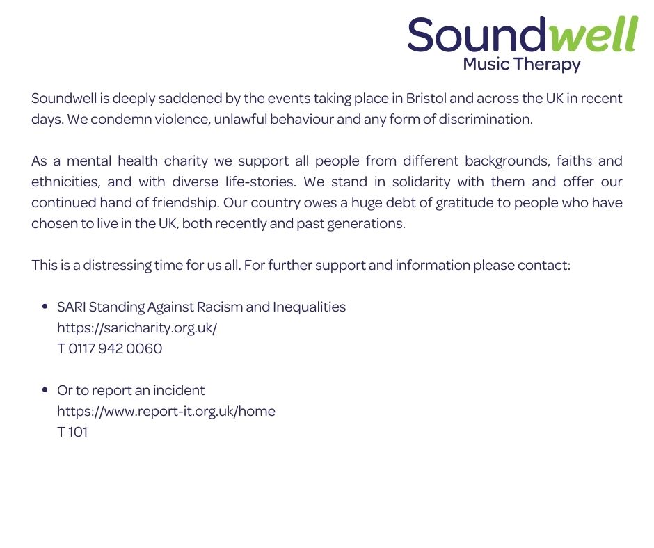 Soundwell is deeply saddened by the events taking place in Bristol and across the UK in recent days. We condemn violence, unlawful behaviour and any form of discrimination.

saricharity.org.uk
report-it.org.uk/home