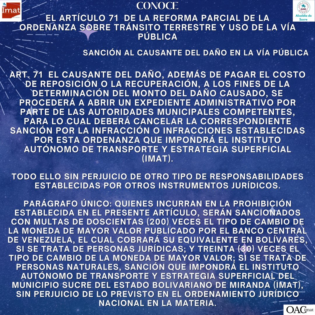 Continuamos con la difusión de la Reforma Parcial de la Ordenanza sobre Tránsito Terrestres y uso de la vía pública del Municipio Sucre del Estado Bolivariano de Miranda
<a href="/lAlcaldiasucre/">AlcaldíaSucre</a>
#ImatSucreTrabajandoPorSuMunicipio