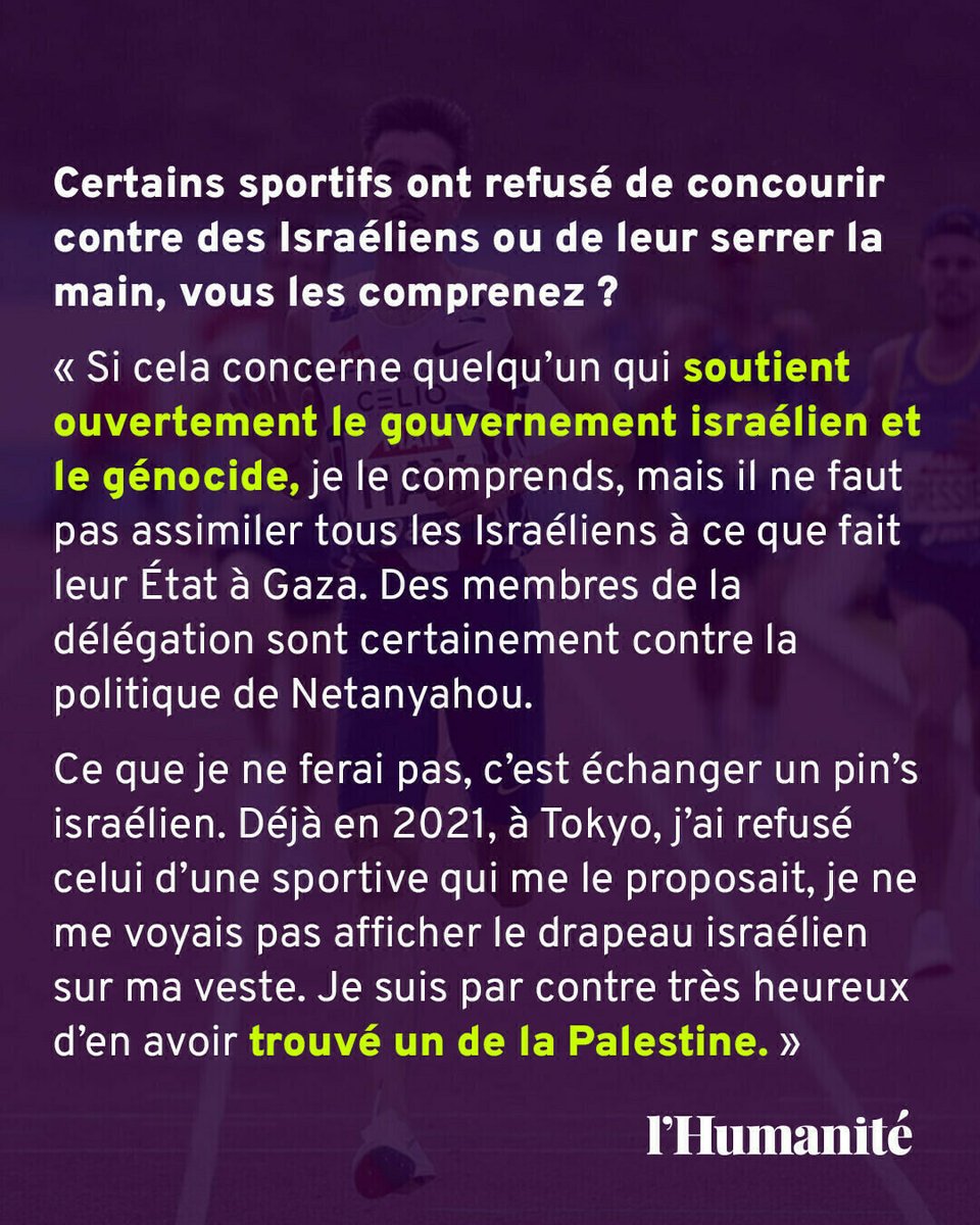 « J’aurais 2, 3 choses à dire à Emmanuel Macron ». On a rencontré Hugo Hay (<a href="/Hugo_Hay/">HH</a>), le demi-fondeur français qualifié en finale olympique du 5 000 mètres, l'un des rares athlètes affichant ouvertement ses positions politiques.

Lire l'entretien ➡️ l.humanite.fr/ecE