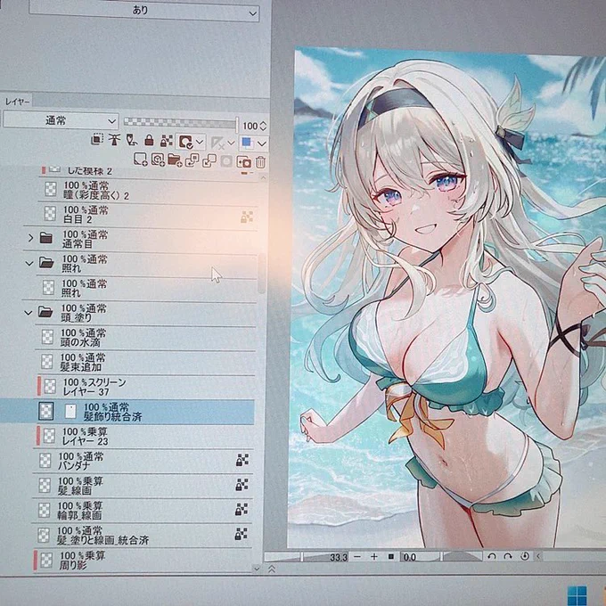 【かるーーいWIP】 以前仕事で没になったラフがお気に入りだったので形を変えて使いました。 線画→下塗り→彩色完了 FANBOX差分用に眉毛・目・鼻口・手前の手・胸肌・胸水着は別フォルダに分けてます(画像にある照れ,通常目フォルダはその為に作ってある。もっと増える)
