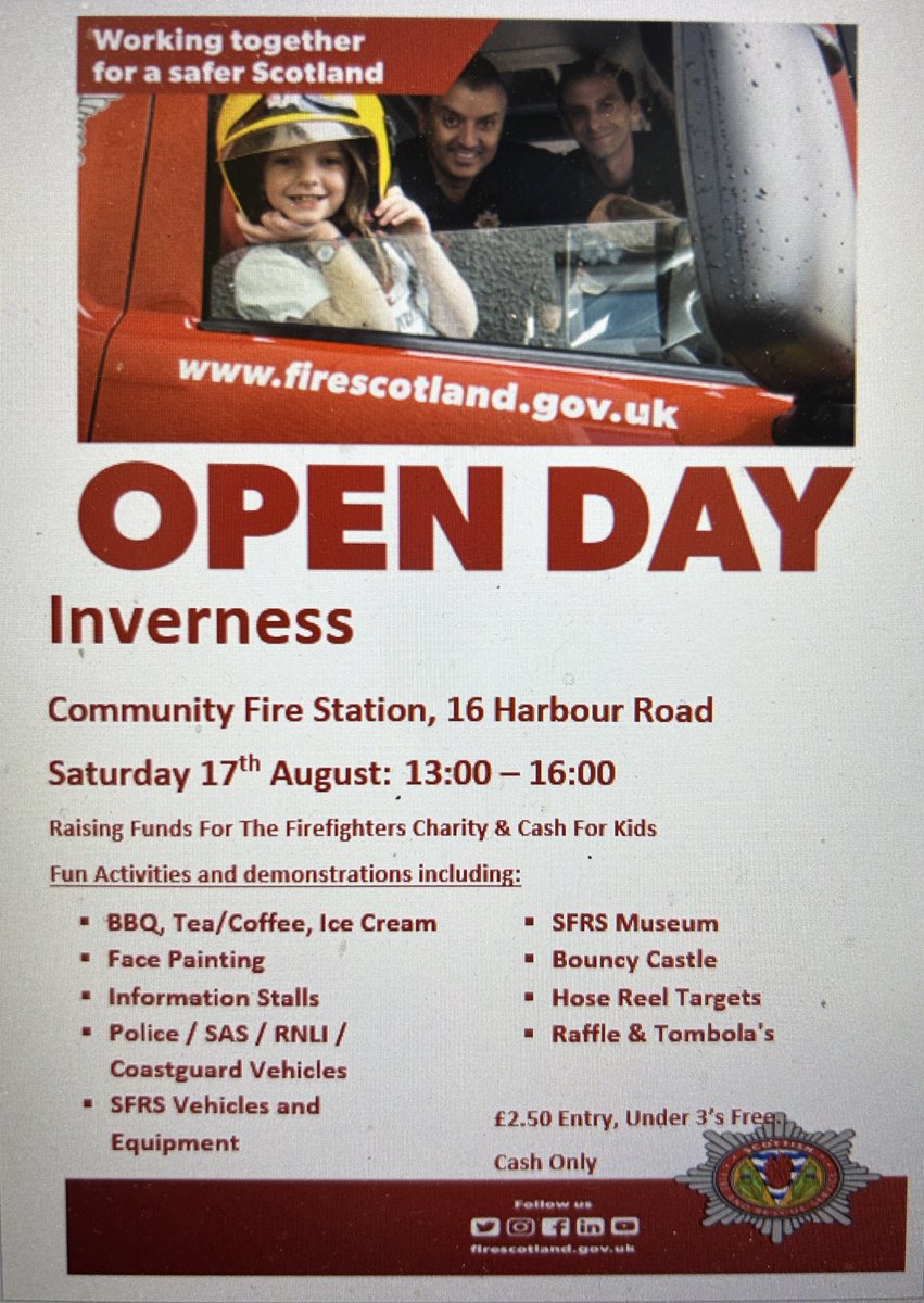 Inverness Community Fire Station is holding an open day, please come along and enjoy the fun and see some exciting demonstrations on 17th August 13:00 - 16:00