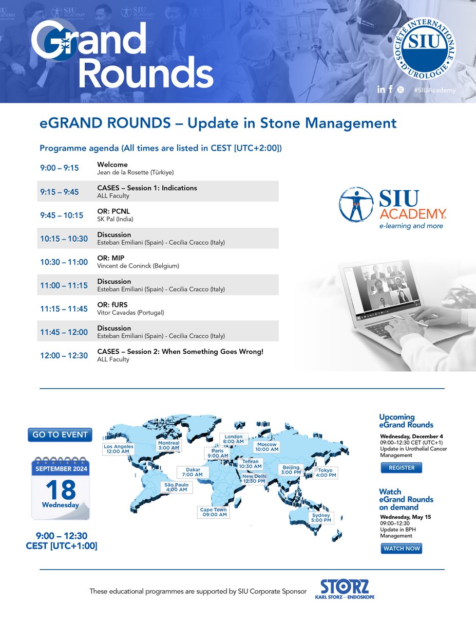 Don't miss the next #eGrandRounds - Update in #StoneManagement. Watch the surgical procedures #PCNL, #MIP and #fURS performed by skilled surgeons and listen in on as our expert faculty engage in insightful post-surgery discussions. This live event will be streamed, open access,