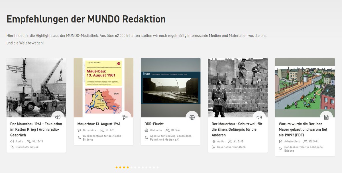 Am 13. August jährt sich zum 63. Mal der Bau der #BerlinerMauer, die bis zu ihrem Fall 1989 #Berlin teilte und zum Inbegriff der #Diktatur in der #DDR wurde.
In unseren aktuellen #Empfehlungen auf 
👉mundo.schule finden Lehrkräfte vielseitige #Unterrichtsmedien dazu.