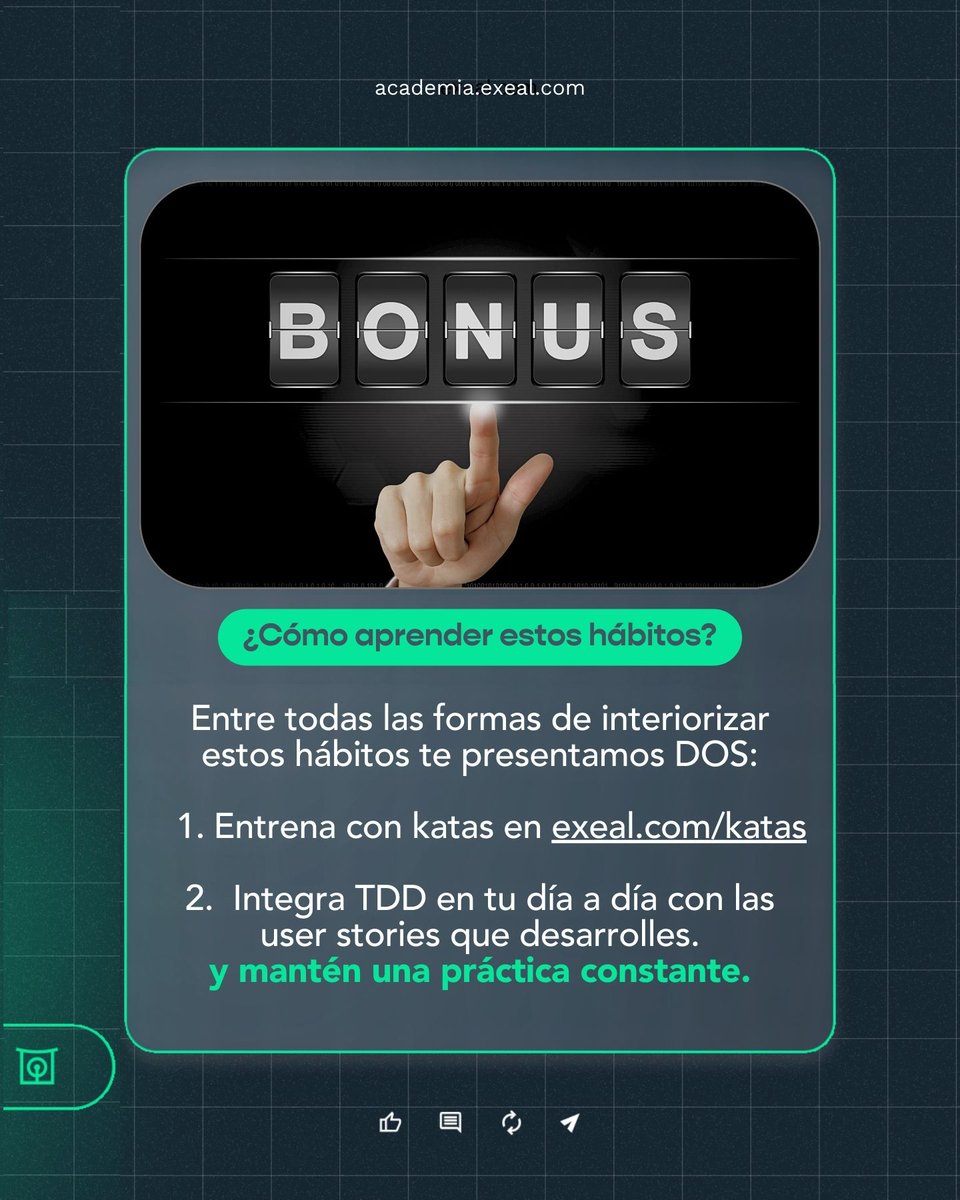 exeal's tweet image. 🎉 Bonus: ¿Quieres aprender los hábitos de TDD?
1. Practica con katas en exeal.com/katas.
2. Integra TDD en tu desarrollo diario.
👉 Beneficio: Mejora continua y práctica constante.
#TDD #DesarrolloSoftware #MejoraContinua