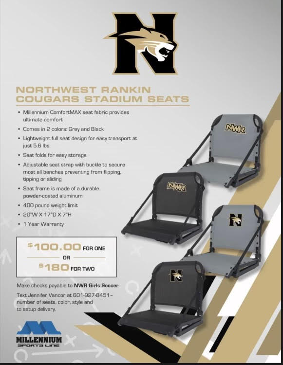 NWRCougars's tweet image. Cougar fans! Show your pride in the stands this season by purchasing a NWR branded stadium seat from the Girls Soccer Team. Payments can be made in cash or check and you can submit your order by contacting Jennifer Vancor at the information below. #gocougars #sitinstyle