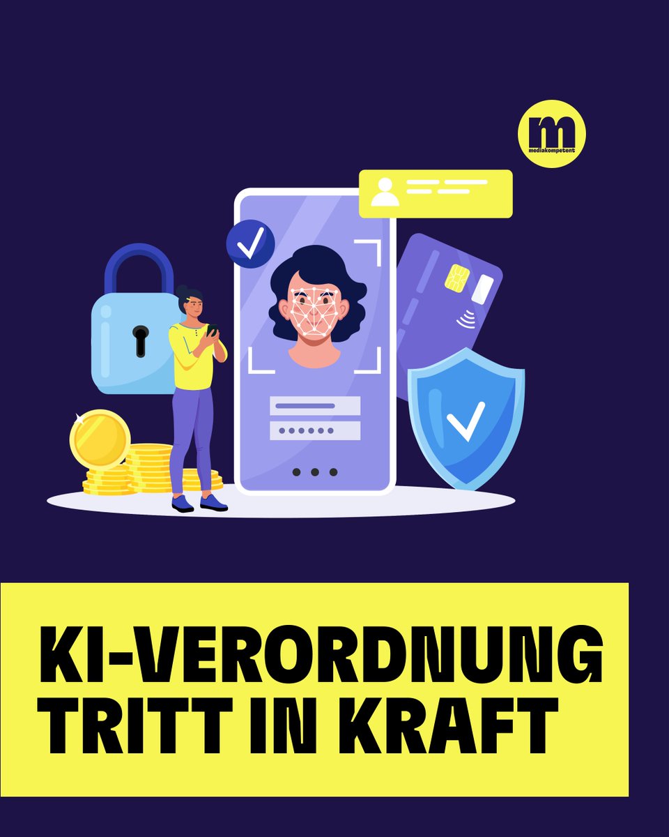 Am 1. August ist die europäische KI-Verordnung in Kraft getreten. ⚖️ Mehr dazu, wie Künstliche Intelligenz reguliert wird ➡️ mediakompetent.de/ki-verordnung

#mediakompetent #Medienkompetenz #KünstlicheIntelligenz #AIAct #KIVerordnung #KI