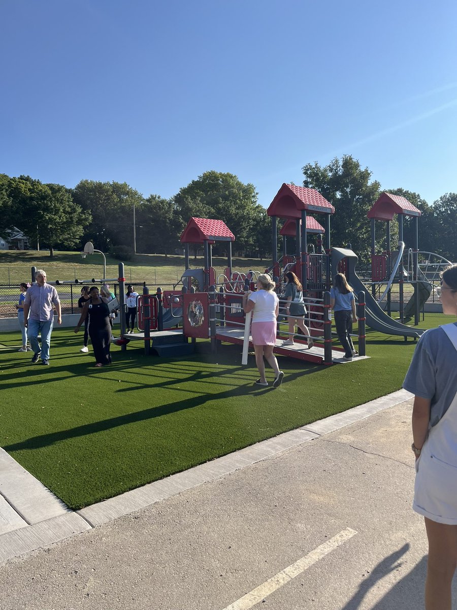 Merriam Park staff is checking out our new playground equipment. We can’t wait for our students to see it!