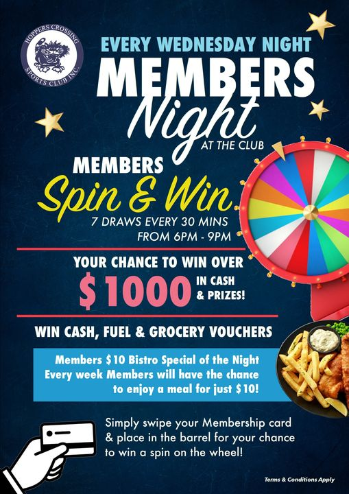 HoppersCSC's tweet photo. 🤩 Wednesday is Members Night!
Head into the club for dinner 🍴and your chance to win all kinds of prizes! 🎁
☎️ Book your table now, call 9748 6699
T&amp;C's apply. Swipe your membership card on arrival. Must be in attendance to win!
#hopperscrossingsportsclub #membersnight #bistro https://t.co/ekmWt55TLD