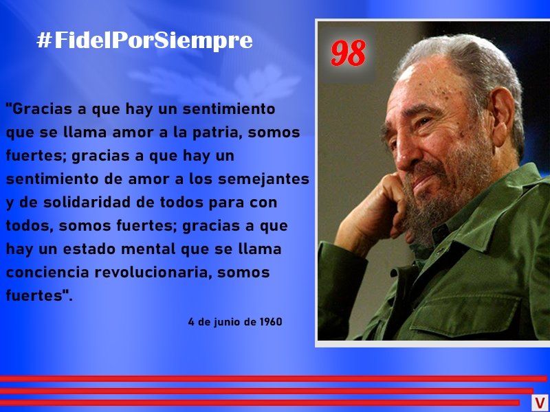 Vives en cada mujer,
en el anciano, en el niño
en la bondad y el cariño
que has logrado enaltecer..." 
Magalis Rodriguez Borges
hace 6 años
“UN LAUREL PARA FIDEL”
#FidelPorSiempe
#LatirAvileño 
#1roDeEneroDeVictorias