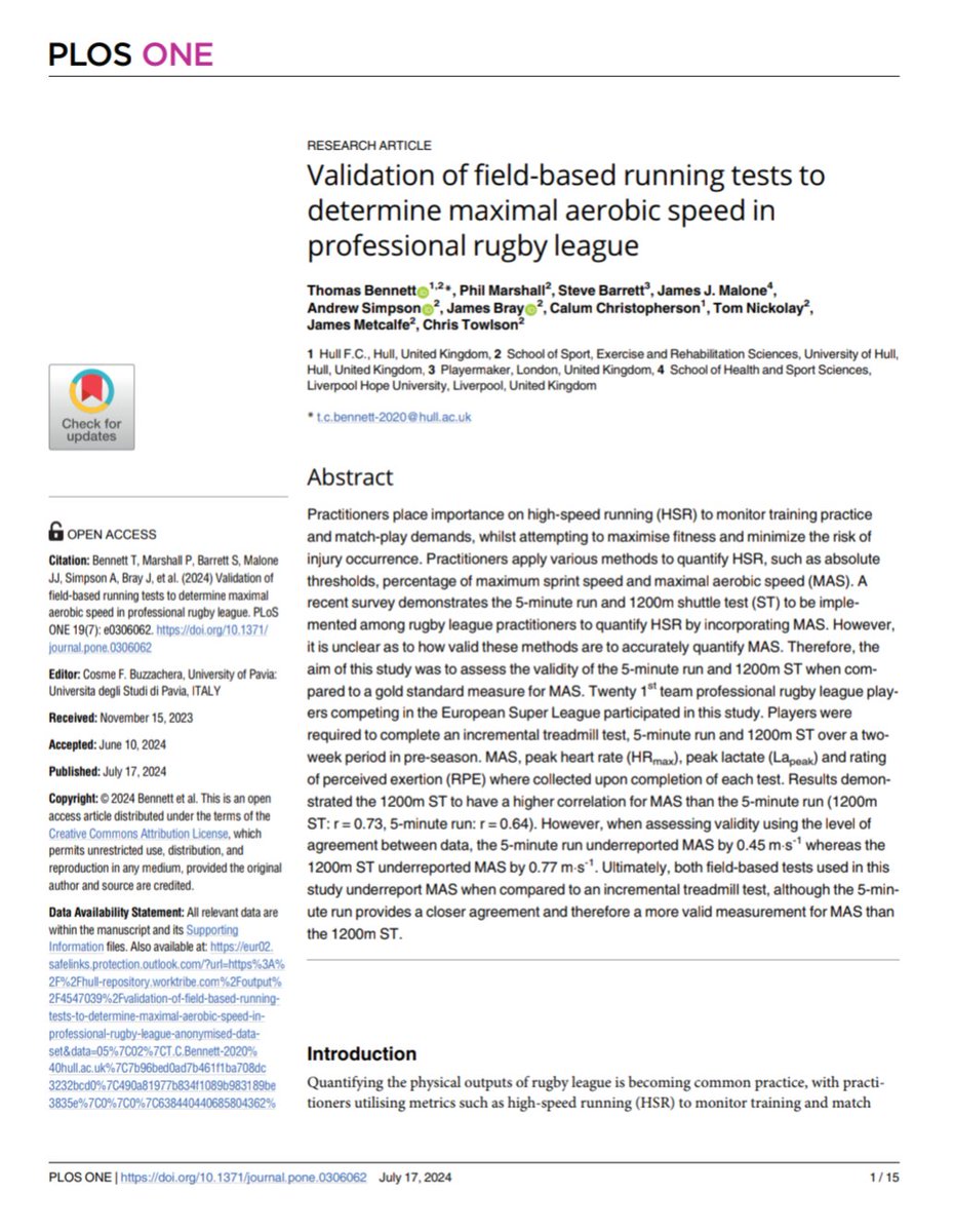💥📃 The 3rd paper from my PhD now published online.

🏉 Validation of Field-Based Running Tests to Determine Maximal Aerobic Speed in Professional Rugby League.

journals.plos.org/plosone/articl…

*Order of tables and figures are currently under a correction process.