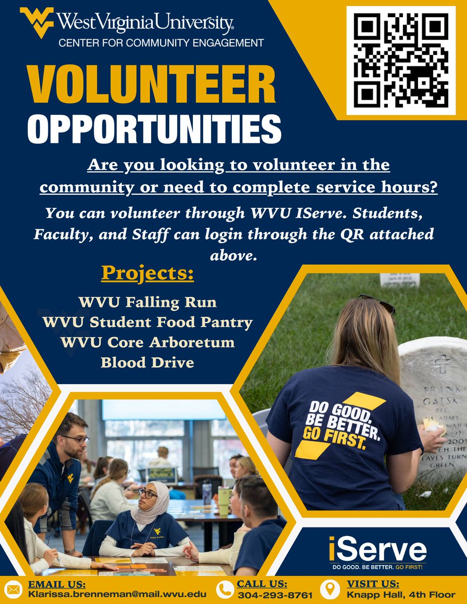 Looking for volunteer opportunities? 🌟 Join the WVU iServe community and make a difference today! Students, faculty, and staff can contribute their time and skills to various impactful projects, including:

Volunteering is easy! Just scan the QR code to sign up!