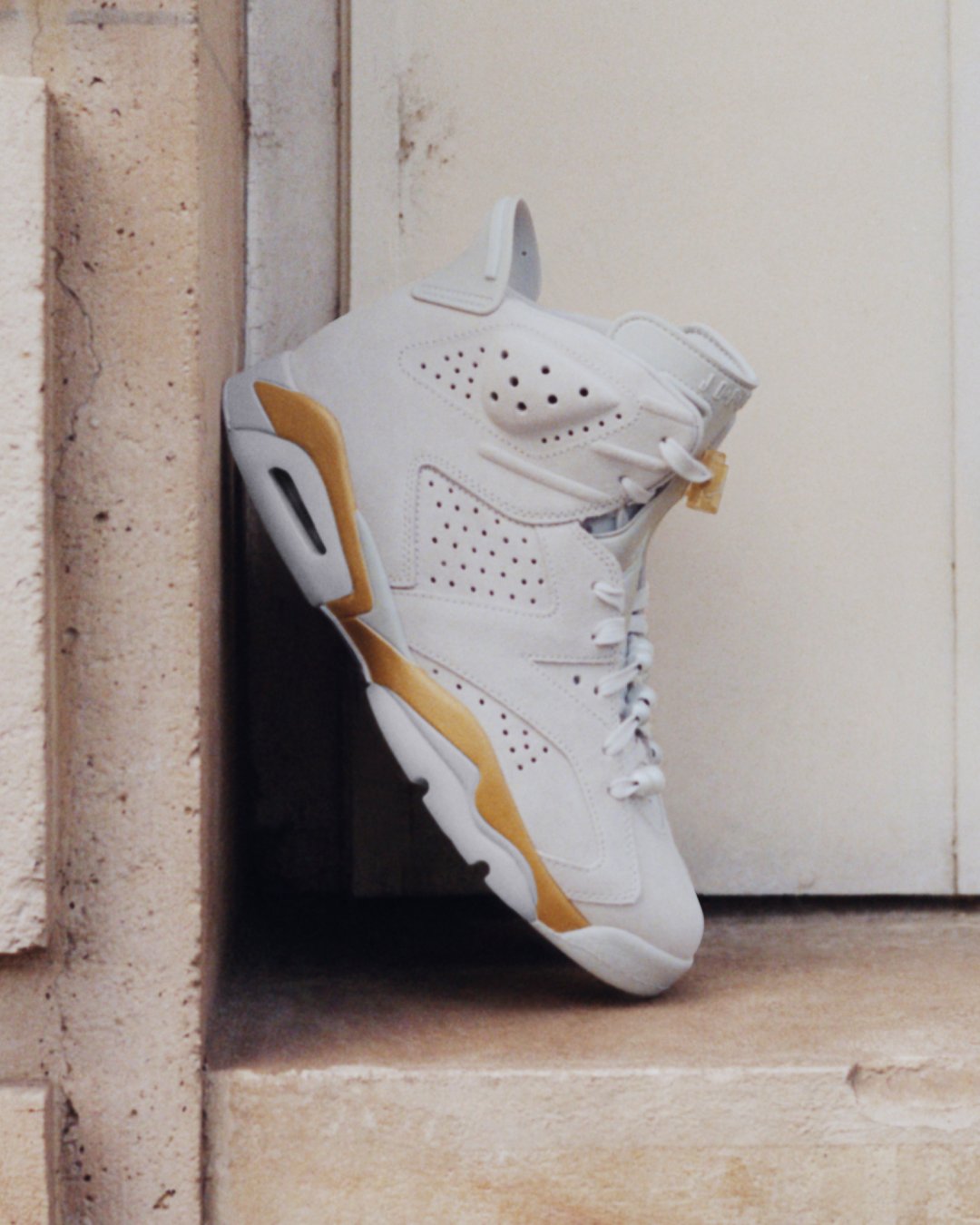 ShopNiceKicks on X Move in grand fashion with the premium women s exclusive Air Jordan 6 Pearl featuring a Pure Platinum worn suede upper gold details and pearl adornments on the laces for