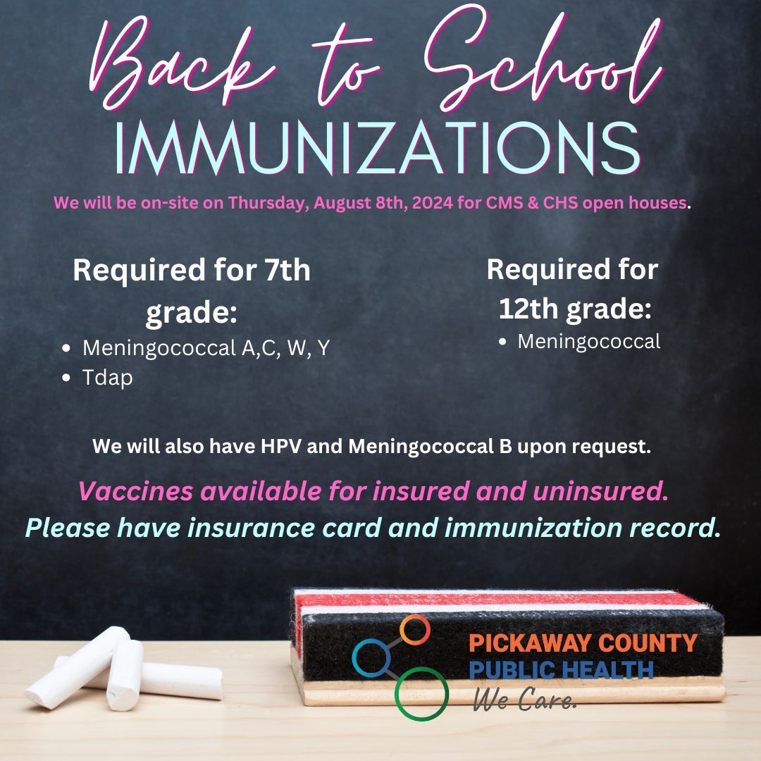 PC_PublicHealth's tweet photo. Back to School Night at Circleville Middle and High School!

Join us tomorrow from 5 PM to 8 PM for Circleville's Back to School Night! Pickaway County Public Health will be there to provide vaccines to ensure your kids are ready for a healthy school year.

#BackToSchool #Vaccine https://t.co/IrPQvP4uUj
