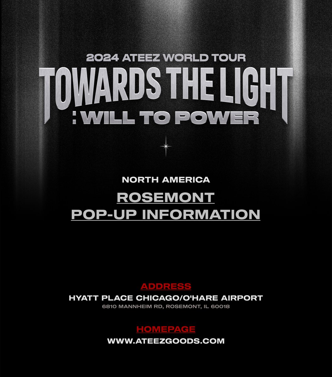 kpopstorecokr1's tweet photo. #ATEEZ [TOWARDS THE LIGHT : WILL TO POWER]

📢ROSEMONT POP-UP INFO📢

📌Opening Hours
7th.~11th. AUG.
10:00AM~06:00PM

📌Address
Hyatt Place Chicago/O'hare Airport
6810 Mannheim Rd, Rosemont, IL 60018

📌https://t.co/1VaCvVLSW6

See you soon, ATINY❤️ https://t.co/6XpZ3FCVKa