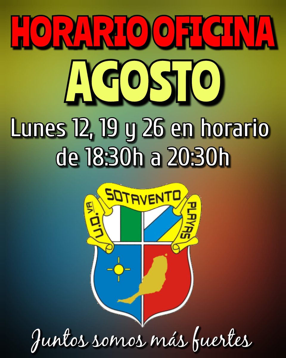 📢 𝐓𝐄𝐍𝐄𝐌𝐎𝐒 𝐇𝐎𝐑𝐀𝐑𝐈𝐎 𝐃𝐄 𝐎𝐅𝐈𝐂𝐈𝐍𝐀 📢🌞 𝘼𝙂𝙊𝙎𝙏𝙊 🌞
Todos los lunes, 12, 19 y 26 de agosto en horario de 18:30h a 20:30h habrá un responsable del club para ayudarte en lo que necesites, información, inscripciones, etc...
Te esperamos.