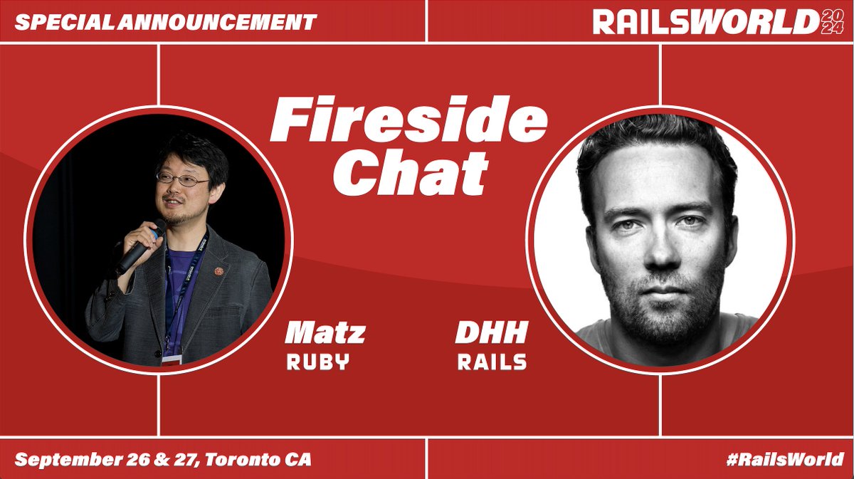 rails's tweet image. Special #RailsWorld announcement: @yukihiro_matz and @dhh will share the stage for the very first time for a fireside chat about #Ruby, #Rails and all things #opensource. This special conversation will be moderated and hosted by @Shopify founder and early Rails Core member @tobi.…