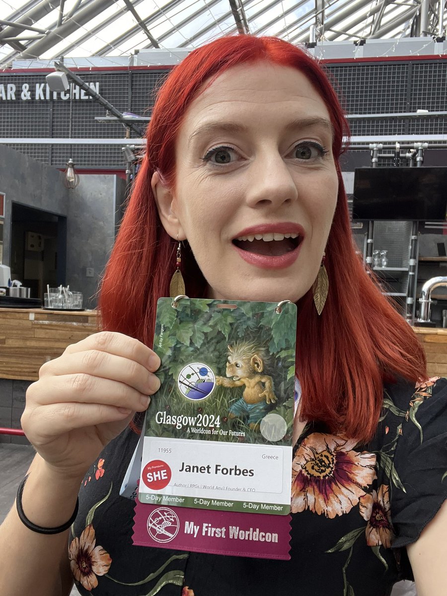 My first worldcon! It’s real! AND LOOK HOW BEAUTIFUL THE BADGE IS! 😱🥰🥳

Currently caffeining solo in the SEC. If you’re around come say hi! 🥰

#Glasgow2024