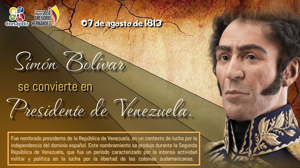 Tal día como hoy #07Agos de 1813 #Bolívar, conocido como #ElLibertador, se convirtió en presidente de Venezuela en un contexto de lucha por la independencia del dominio español, siendo figura central en la historia. 
<a href="/NicolasMaduro/">Nicolás Maduro</a> 
#JusticiaSoberana