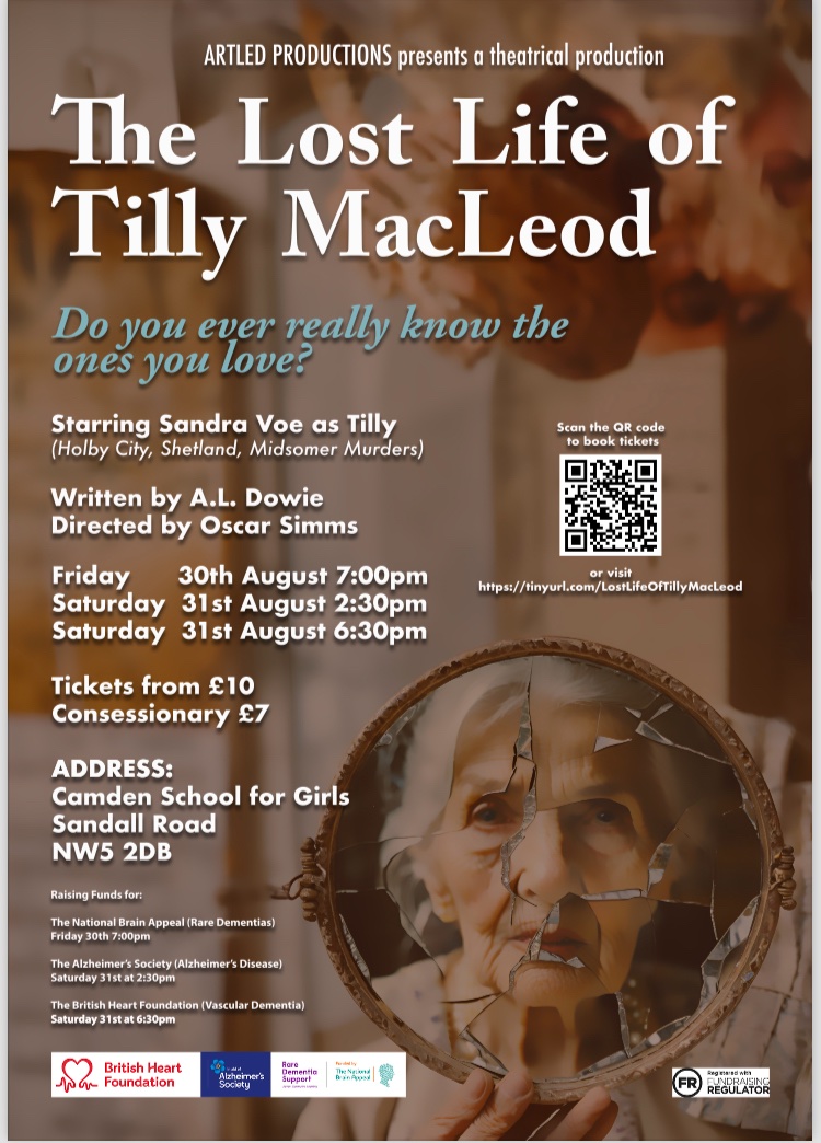 dowie_a's tweet photo. I'm delight to share that my novel The Lost Life of Tilly MacLeod has been adapted for the stage and the wonderful Sandra Voe is playing the title role. Raising money and awareness for dementia. August 30th &amp; 31st. Camden NW5 2DB. Tickets on Eventbrite. https://t.co/hy21uoBeej