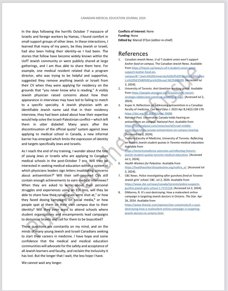 Joe Roberts (@joe_roberts01) on Twitter photo Canadian medicine has an antisemitism problem.
A heart-wrenching read of the lived experience of a physician who faced antisemitic discrimination in Canadian medical education published in the Canadian Medical Education Journal (<a href="/CmejEditor/">Editor, CMEJ</a>) today. Canadian medicine has an antisemitism problem.
A heart-wrenching read of the lived experience of a physician who faced antisemitic discrimination in Canadian medical education published in the Canadian Medical Education Journal (<a href="/CmejEditor/">Editor, CMEJ</a>) today.