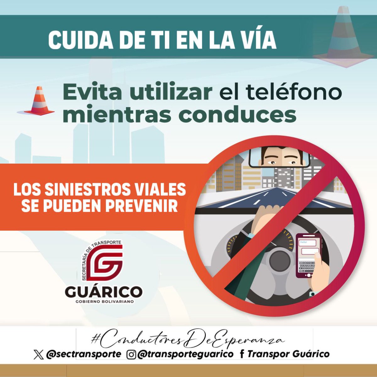 ¡Conduce con precaución! 📵

Deja el teléfono a un lado y enfócate en la carretera.  🛣️

Cada mensaje puede esperar, pero tu vida y la de los demás no ¡Tu atención es el mejor copiloto!

#ConductoresDeEsperanza 
#TransporteGuárico