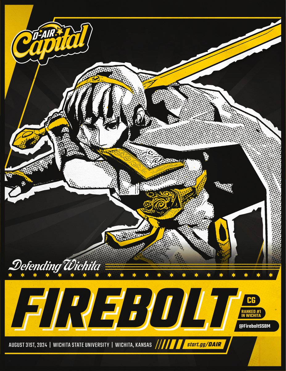 Wichita Melee's greatest swordsman and undisputed king! 👑

<a href="/Fireboltssbm/">Firebolt</a> will be defending his home turf at D-AIR CAPITAL!✨