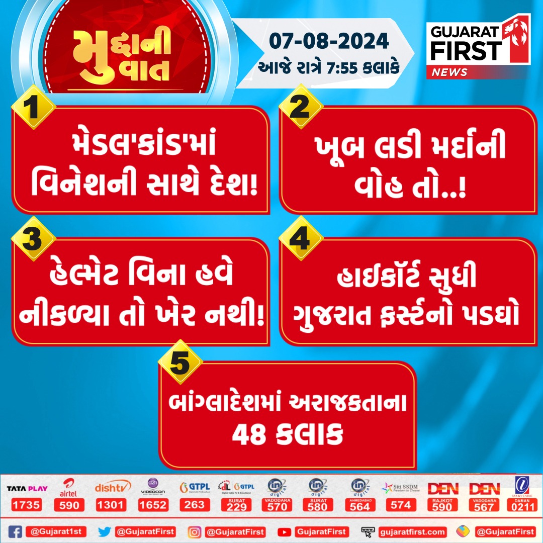 GujaratFirst's tweet photo. Mudda Ni Vaatમાં જુઓ આજે રાત્રે 7.55 કલાકે Gujarat First ઉપર
@GujaratFirst @vishvek11
#MuddaNiVaat #Gujarat #GujaratFirst #VineshPhogat #Helmat #GujaratHighcourt
#Bangladesh #RoadSafety https://t.co/yzve2moFOT