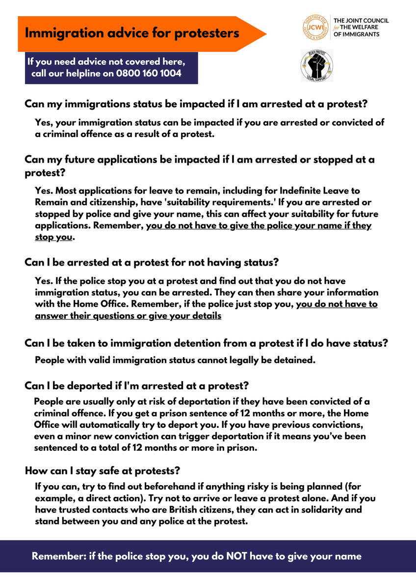We know that many migrants will be taking part in the ongoing resistance to the attacks by the Far Right.

Here is our useful guide compiled w/<a href="/blkprotestlegal/">Black Protest Legal Support UK</a>
so that you know your rights.

Don’t forget our free helpline(08001601004) for immigration advice.  

Share +Bookmark