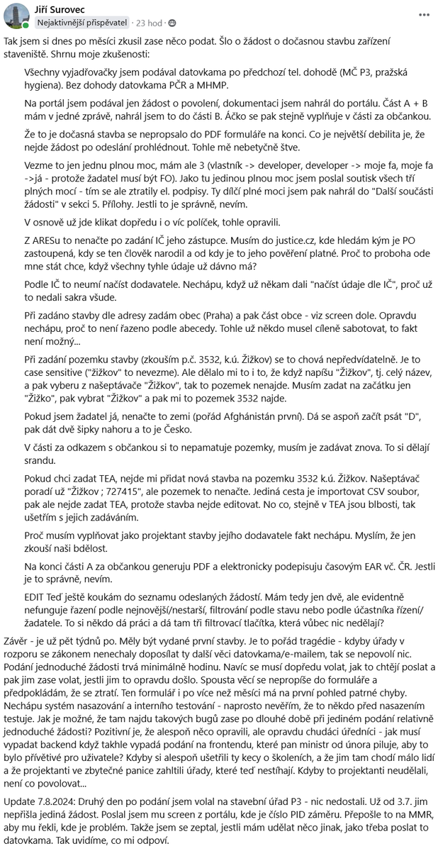 Tak jsem si zkusil podat žádost o stavební povolení. Pořád to docela drhne. Je šestý týden ostrého provozu. Co na to <a href="/mistnirozvoj/">MMR ČR</a> a <a href="/PiratIvanBartos/">Ivan Bartoš</a>? Mám jít někam na školení?