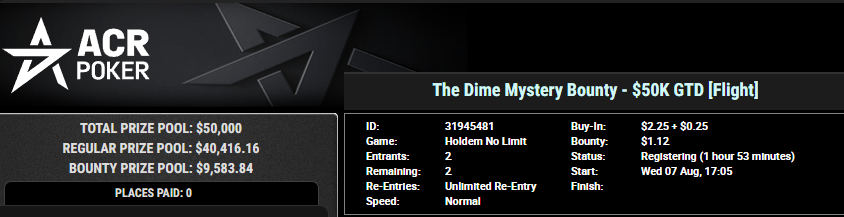 TWITTER GIVEAWAY!!
giving away 5x entries to any THE DIME MYSTERY BOUNTY flight glgl 🎟️
RETWEET TO ENTER 

New to acr poker? sign up today with a brand new account and receive $25 free. use this link and code UB40 record.secure.acraffiliates.com/_4g8Qw4eVzSd3M… deposit $25 and receive another $25 on top