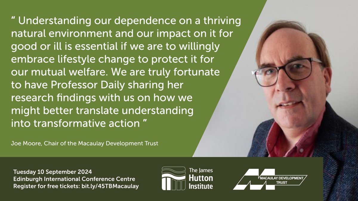 The 45th #TBMacLecture featuring the esteemed Professor Gretchen Daily takes place on the 10th of September!

Joe Moore, Chair of the <a href="/MacaulayDvTrust/">Macaulay Development Trust</a> - 🗣️ “We are truly fortunate to have Professor Daily sharing her research findings with us"

Join us 🎫 : bit.ly/3VFbnRz