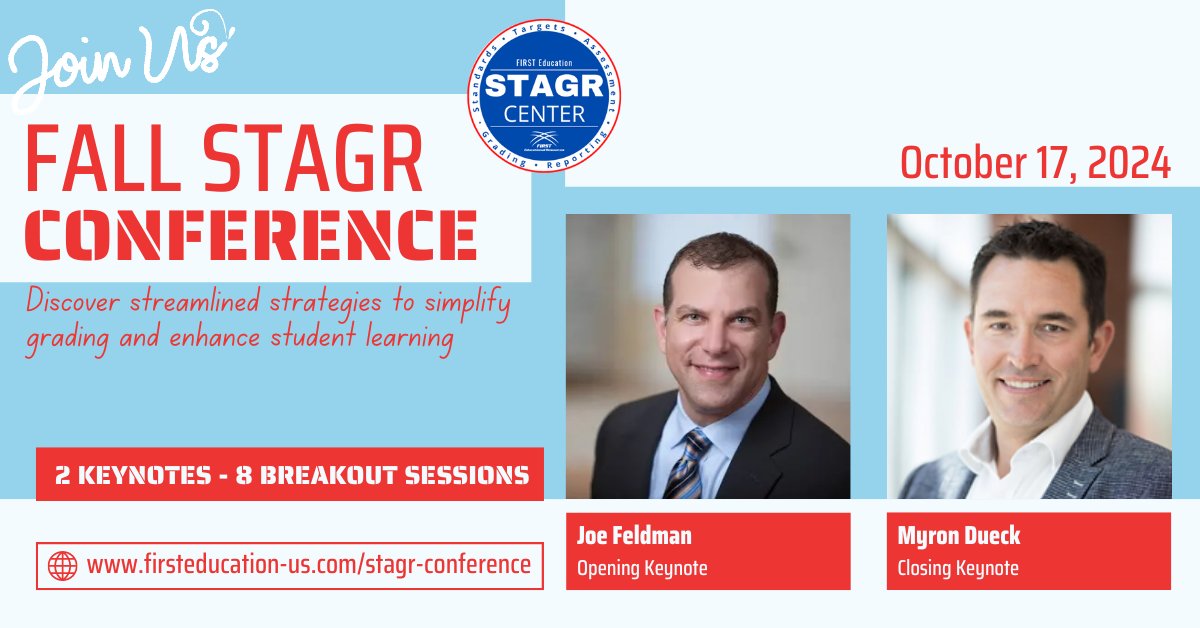 FIRST Ed Resources (@1stedresources) on Twitter photo Don't miss the Fall #STAGRConference! Featuring keynotes by <a href="/myrondueck/">Myron Dueck</a> <a href="/JoeCFeldman/">Joe Feldman</a>, plus 8 interactive breakout sessions. Gain insights and strategies to simplify grading and assessment, making them impactful and manageable. #GradingReform firsteducation-us.com/stagr-conferen… Don't miss the Fall #STAGRConference! Featuring keynotes by <a href="/myrondueck/">Myron Dueck</a> <a href="/JoeCFeldman/">Joe Feldman</a>, plus 8 interactive breakout sessions. Gain insights and strategies to simplify grading and assessment, making them impactful and manageable. #GradingReform firsteducation-us.com/stagr-conferen…