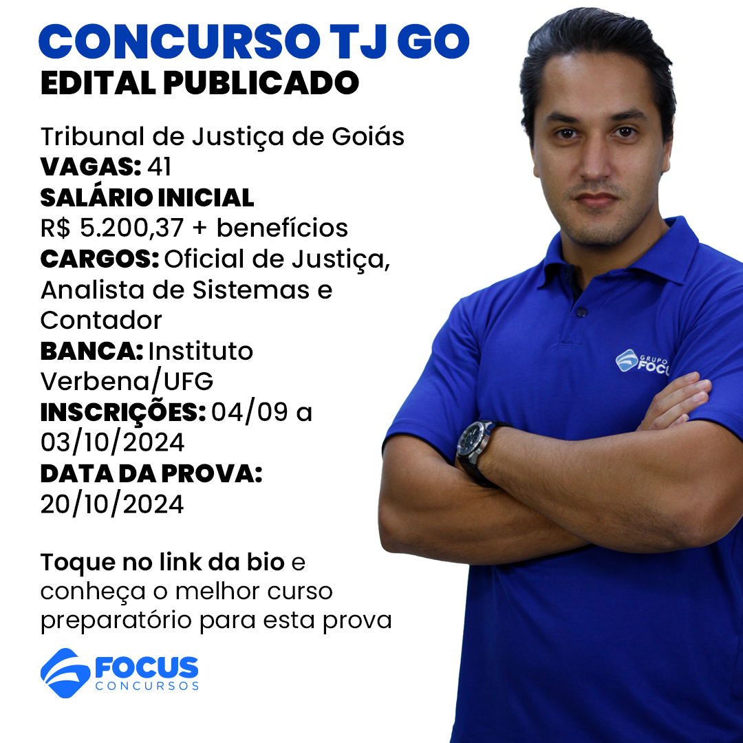 Foi publicado o edital do Concurso TJ GO! O São 41 vagas imediatas mais formação de cadastro de reserva para o  cargo de Analista Judiciário.

✅ Toque no link e conheça o melhor curso preparatório para esta prova. 🚀
focusconcursos.com.br/busca?search=t…