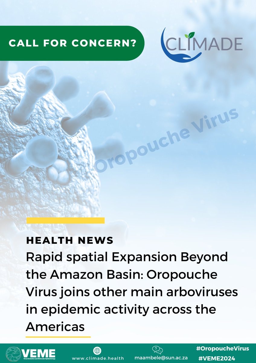 Centre for Epidemic Response & Innovation (CERI) (@ceri_news) on Twitter photo 🦠🚨 New report on the #Oropouche virus reveals its rapid spread beyond the Amazon Basin & includes the 1st detected deaths. Join us at #VEME2024 during <a href="/Mittenavoig/">Marta Giovanetti</a>'s keynote. August 7, 2024, 17:00 GMT-3 (22:00 SAST).#CLIMADE #genomicsurveillance #OROV
🔗us06web.zoom.us/j/82087200228?… 🦠🚨 New report on the #Oropouche virus reveals its rapid spread beyond the Amazon Basin & includes the 1st detected deaths. Join us at #VEME2024 during <a href="/Mittenavoig/">Marta Giovanetti</a>'s keynote. August 7, 2024, 17:00 GMT-3 (22:00 SAST).#CLIMADE #genomicsurveillance #OROV
🔗us06web.zoom.us/j/82087200228?…
