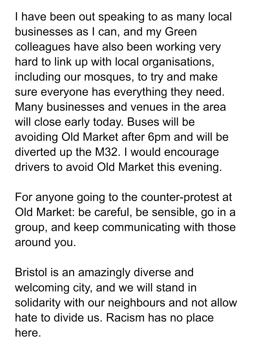 Statement ahead of the planned protests tonight on West St, in Old Market, in Lawrence Hill.

#Bristol - we got this. Look after each other. ❤️✊