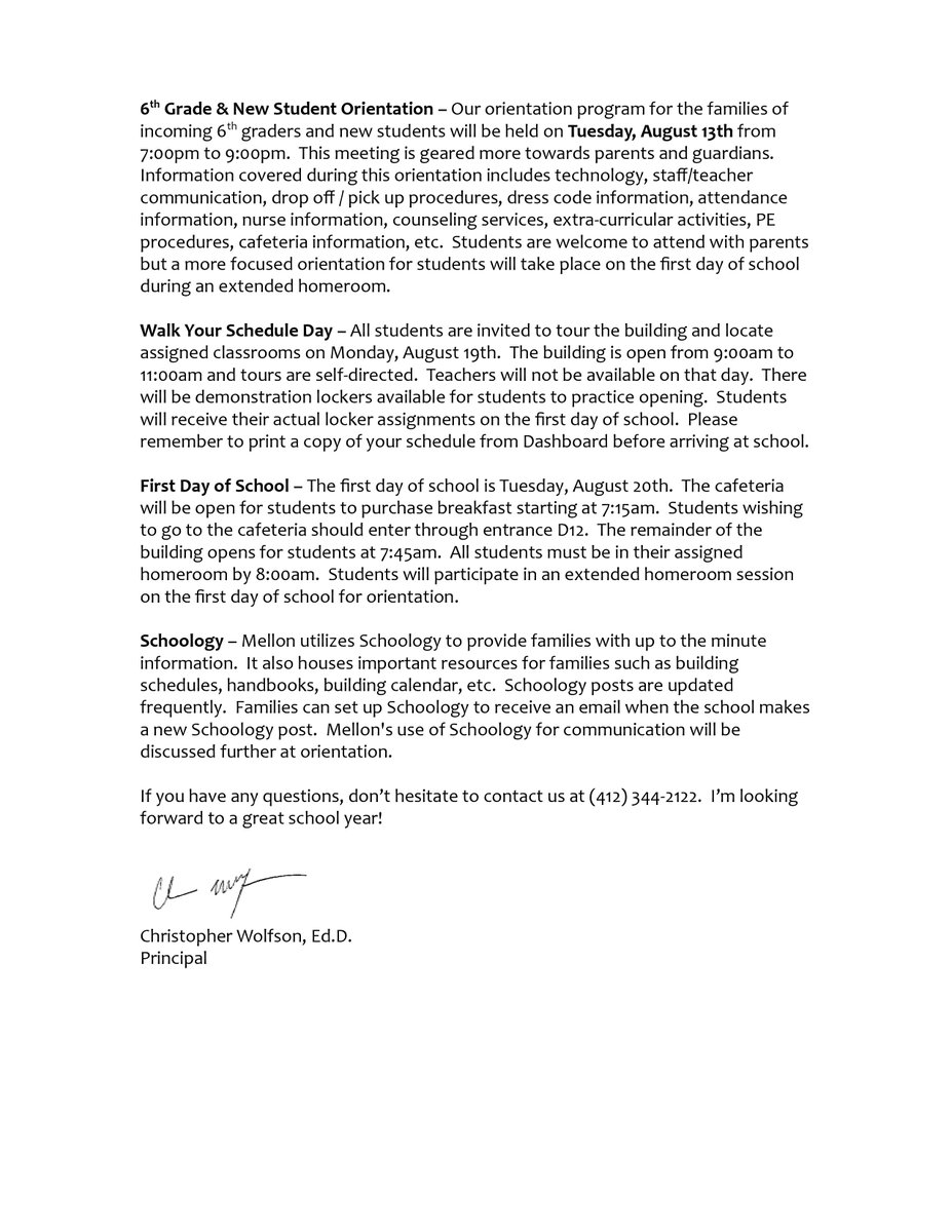 You can access the Mellon Middle School Principal Welcome Letter here - docs.google.com/document/d/1b-…