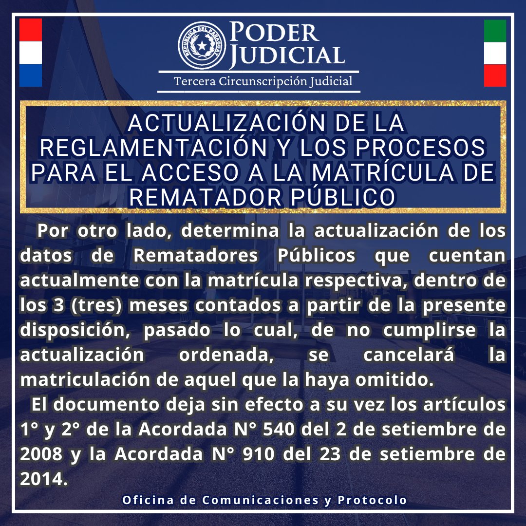Por otro lado, determina la actualización de los datos de Rematadores Públicos que cuentan actualmente con la matrícula respectiva, dentro de los 3 meses contados a partir de la presente disposición.-