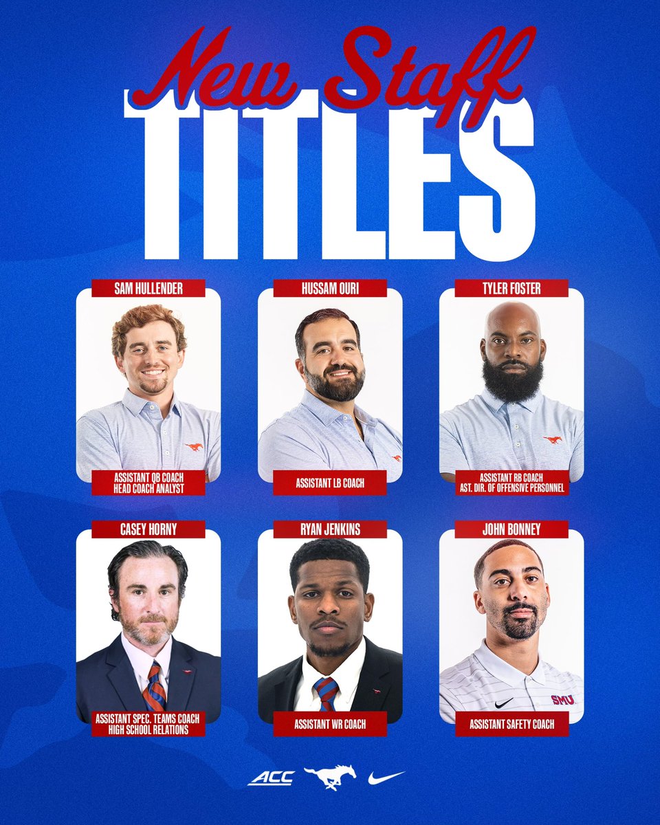 SMUFB's tweet image. Coach Lashlee has announced new titles for several members of the coaching staff.

Congrats to these six!

#PonyUpDallas