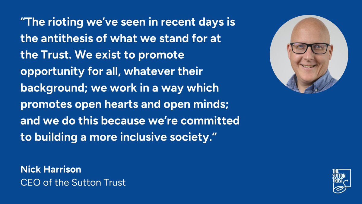 We are deeply concerned at the recent disorder and racist attacks targeting Muslims and ethnic minorities.

The Sutton Trust exists to provide opportunity for all.

Any form of discrimination, including Islamophobia and racism, must be actively tackled and stamped out by us all.
