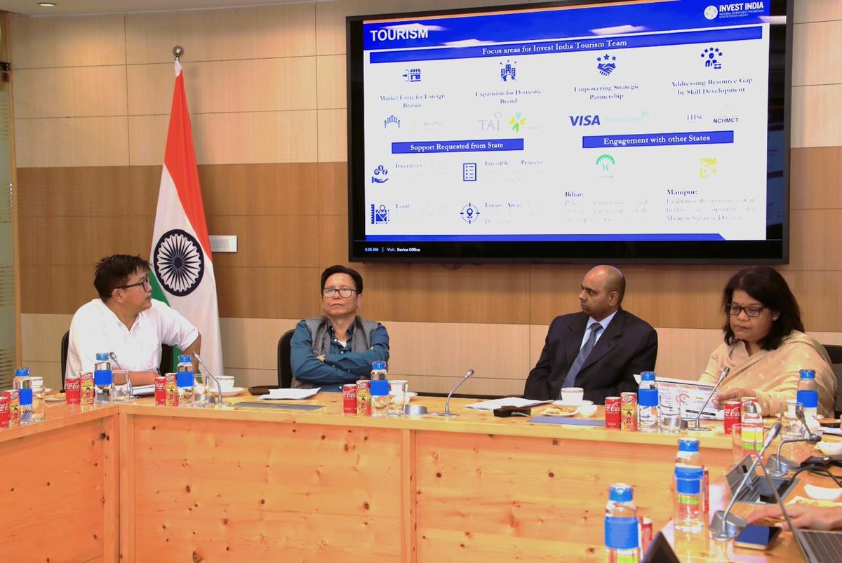 investindia's tweet photo. Shri @NyatoDukam, Minister of Industries, Trade &amp; Commerce, #ArunachalPradesh, met with team @investindia to discuss industry policy, landbanks, &amp; #ODOP with a focus on boosting investments &amp; collaborations with Japan in the state’s food processing, textiles, &amp; tourism sectors. https://t.co/XVZhzJ0jbi
