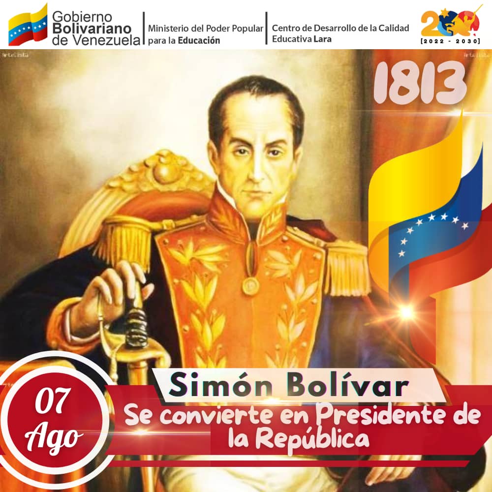 Centro de Desarrollo de la Calidad Educativa Lara (@cdcelara) on Twitter photo #07Ago En 1813, Simón Bolívar asumió la presidencia de Venezuela, liderando con valentía y determinación en un momento crucial de la historia. Su legado perdura como símbolo de lucha y libertad en nuestro país.
<a href="/NicolasMaduro/">Nicolás Maduro</a>
<a href="/MPPEDUCACION/">MPPEDUCACION</a>
<a href="/_LaAvanzadora/">Yelitze Santaella</a>
#JusticiaSoberana #07Ago En 1813, Simón Bolívar asumió la presidencia de Venezuela, liderando con valentía y determinación en un momento crucial de la historia. Su legado perdura como símbolo de lucha y libertad en nuestro país.
<a href="/NicolasMaduro/">Nicolás Maduro</a>
<a href="/MPPEDUCACION/">MPPEDUCACION</a>
<a href="/_LaAvanzadora/">Yelitze Santaella</a>
#JusticiaSoberana