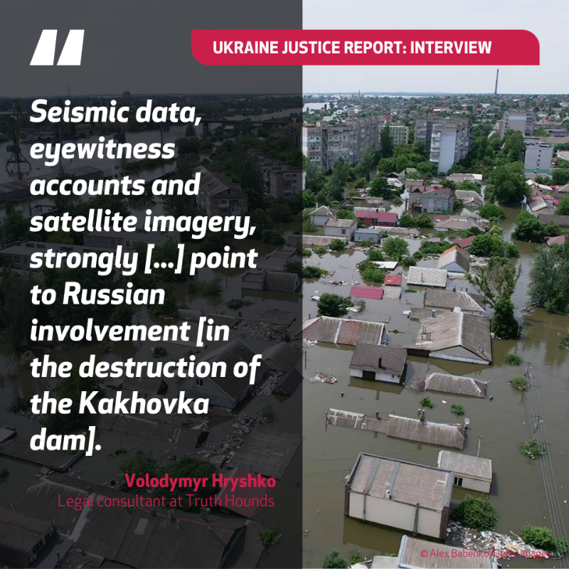 IWPR's tweet photo. The explosion of Ukraine’s Kakhovka dam can be classified as an environmental war crime based on @truth_hounds and @ExpediteJustice’s report. They are calling on the @IntlCrimCourt to recognise it as such and hold those responsible accountable.
