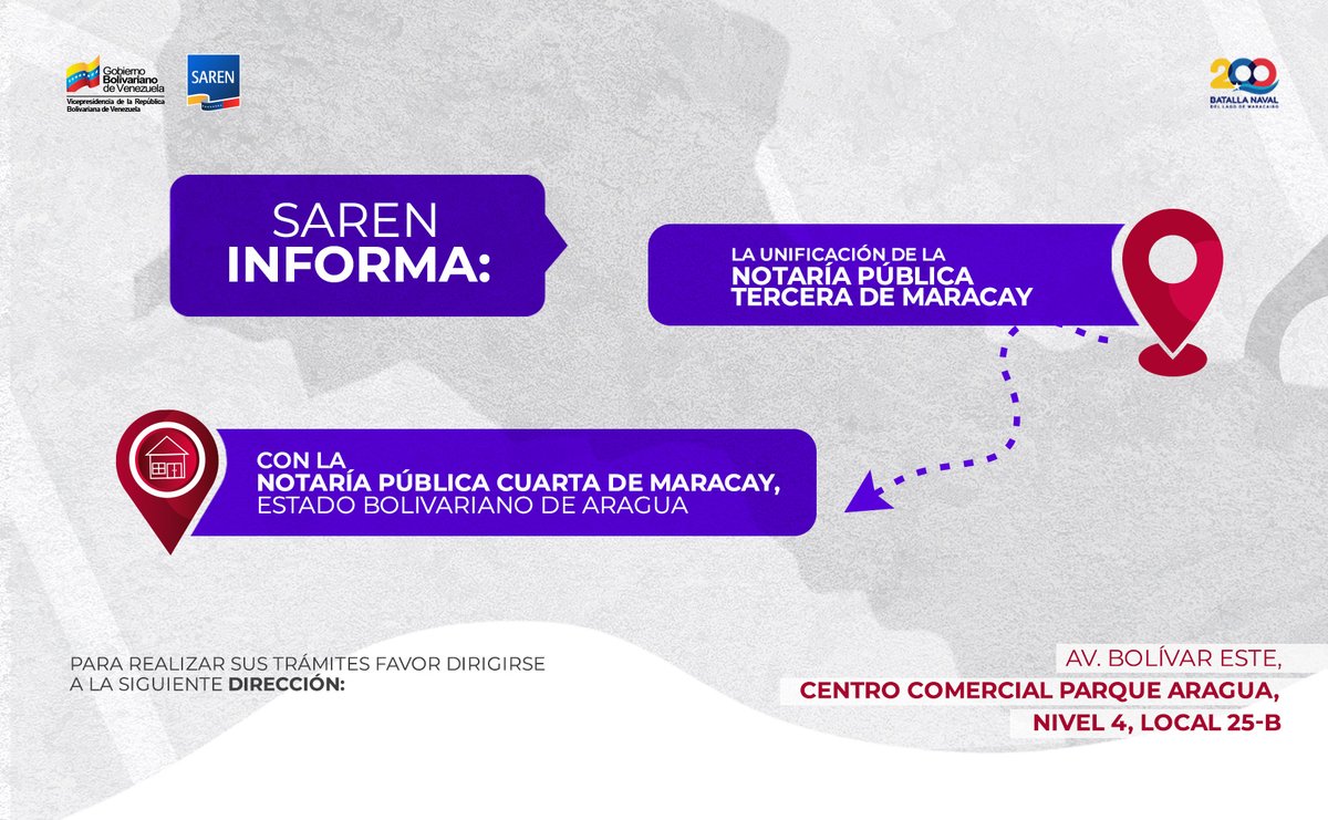#Atención ➡️ El <a href="/SarenVzla/">Registros y Notarías</a> Informa:

La unificación de la Notaría Pública Tercera de Maracay con la Notaría Pública Cuarta de Maracay, estado Bolivariano de Aragua.

Más detalles aquí: acortar.link/lJMjob  

#8Ago
