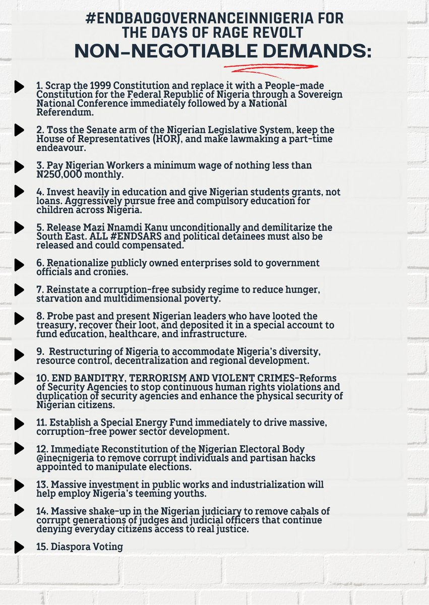 saomot2000's tweet photo. | the non-negotiable demands of the #EndBadGovernanceInNigeria
We shall activate them all via #RevolutionNow #DaysOfRage #DaysOfHope #ReferendumNow #ConstitutionNow.
If you think our demands are not political, please educate yourself politically; good governance is political! https://t.co/ppK0PxeP84