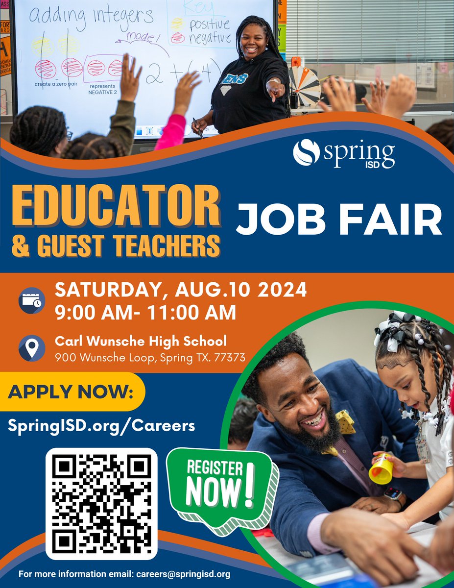 Spring ISD Careers (@springisdhr1) on Twitter photo We're #hiring <a href="/SpringISD/">Spring ISD</a> : Whether you are an experienced educator or just starting your career journey, we have opportunities for you. Don't miss our Educator and Guest Teachers Job Fair this Saturday, August 10th at 9am! Please RSVP by visiting: bit.ly/3YyxUku We're #hiring <a href="/SpringISD/">Spring ISD</a> : Whether you are an experienced educator or just starting your career journey, we have opportunities for you. Don't miss our Educator and Guest Teachers Job Fair this Saturday, August 10th at 9am! Please RSVP by visiting: bit.ly/3YyxUku