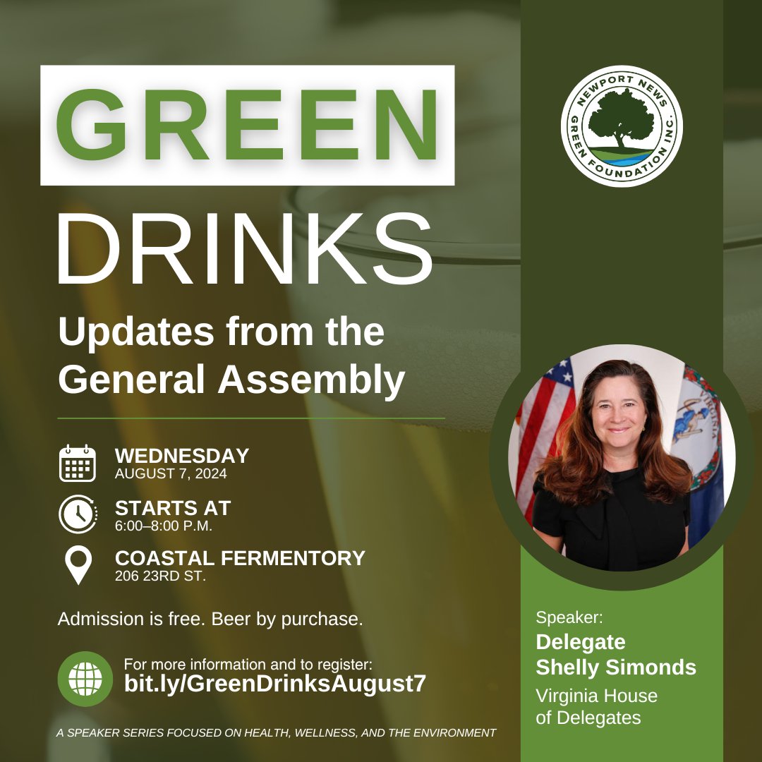 nngf's tweet photo. See you TONIGHT for Green Drinks! 🍻

⏰ 6:00–8:00 p.m.
📍 Coastal Fermentory
🎤 Delegate @shelly_simonds

100% of tips and 10% of sales will be donated to the Green Foundation tonight!

Learn more 👉 https://t.co/rRlkMOMVVF

#NewportNews #GreenFoundation #GreenDrinks #Events https://t.co/W7HF6ZGEMS
