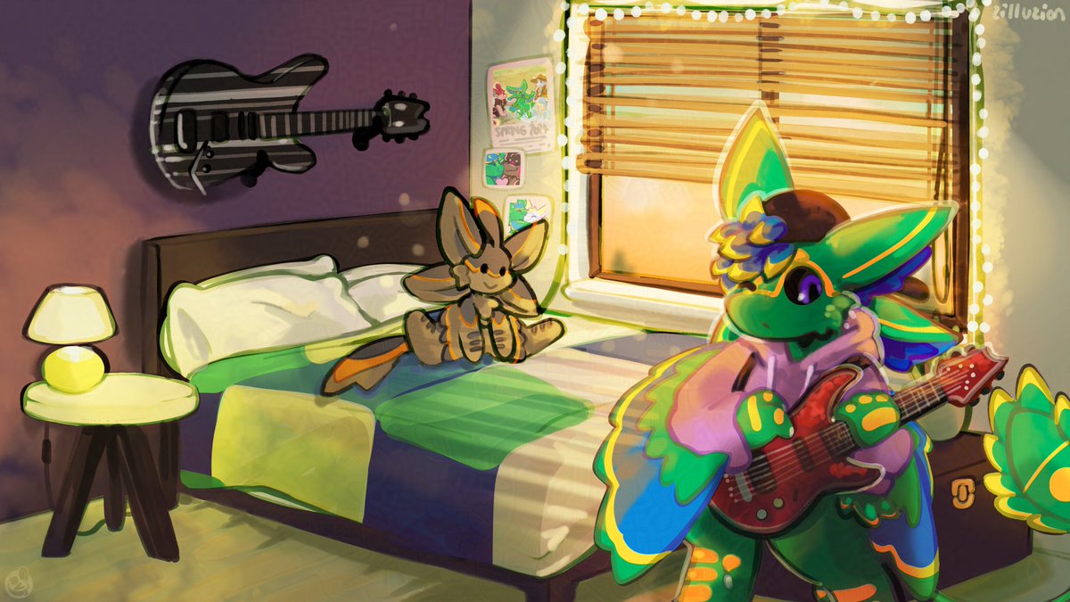 a comfy place to practice guitar as the sun sets~ 💚🎸🎵
scene for Kalumi